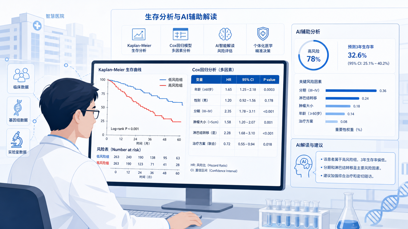 科研人员在电脑前查看Kaplan-Meier曲线、Cox回归表和AI辅助分析界面,背景为医院与实验室融合场景