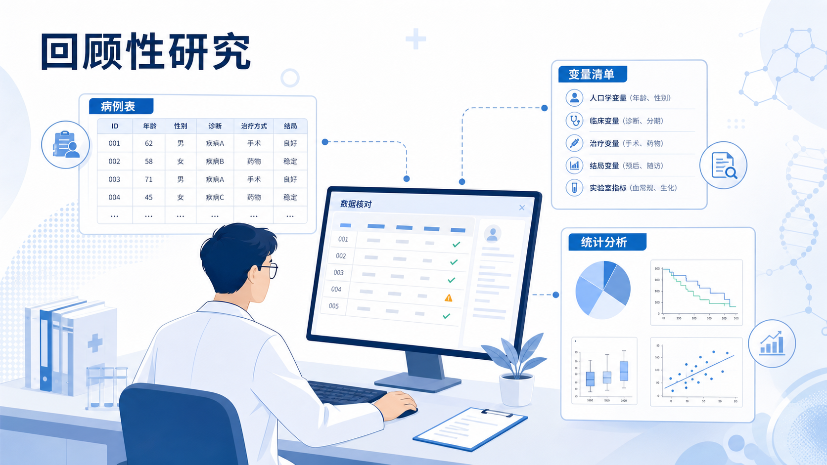 临床研究者在电脑前整理病历数据，旁边有病例表格、变量清单和统计分析图示，体现回顾性研究数据整理场景