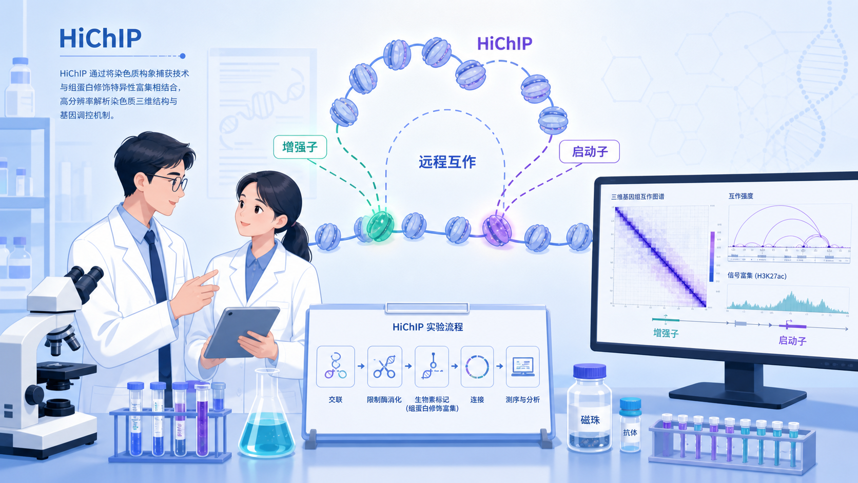 研究人员在显微镜和基因组三维环状互作示意图前讨论 HiChIP 实验流程，突出增强子-启动子远程调控和疾病机制研究场景