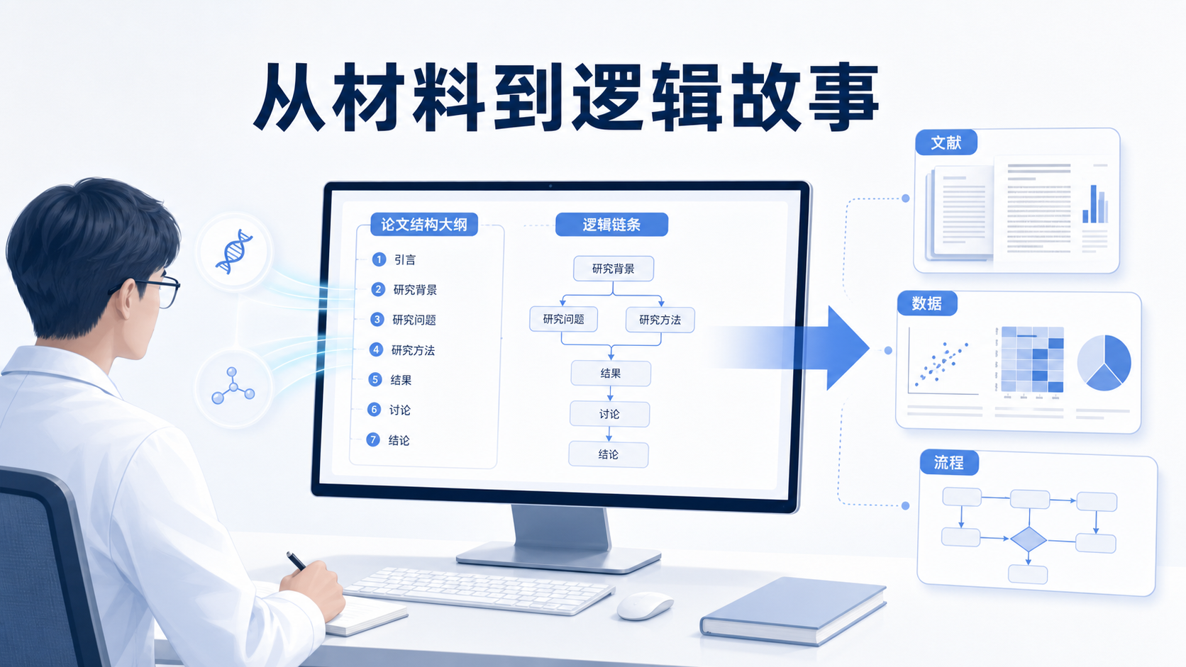 科研人员在电脑前梳理论文框架,旁边有流程图、文献和数据图表,体现“从材料到逻辑故事”的转化