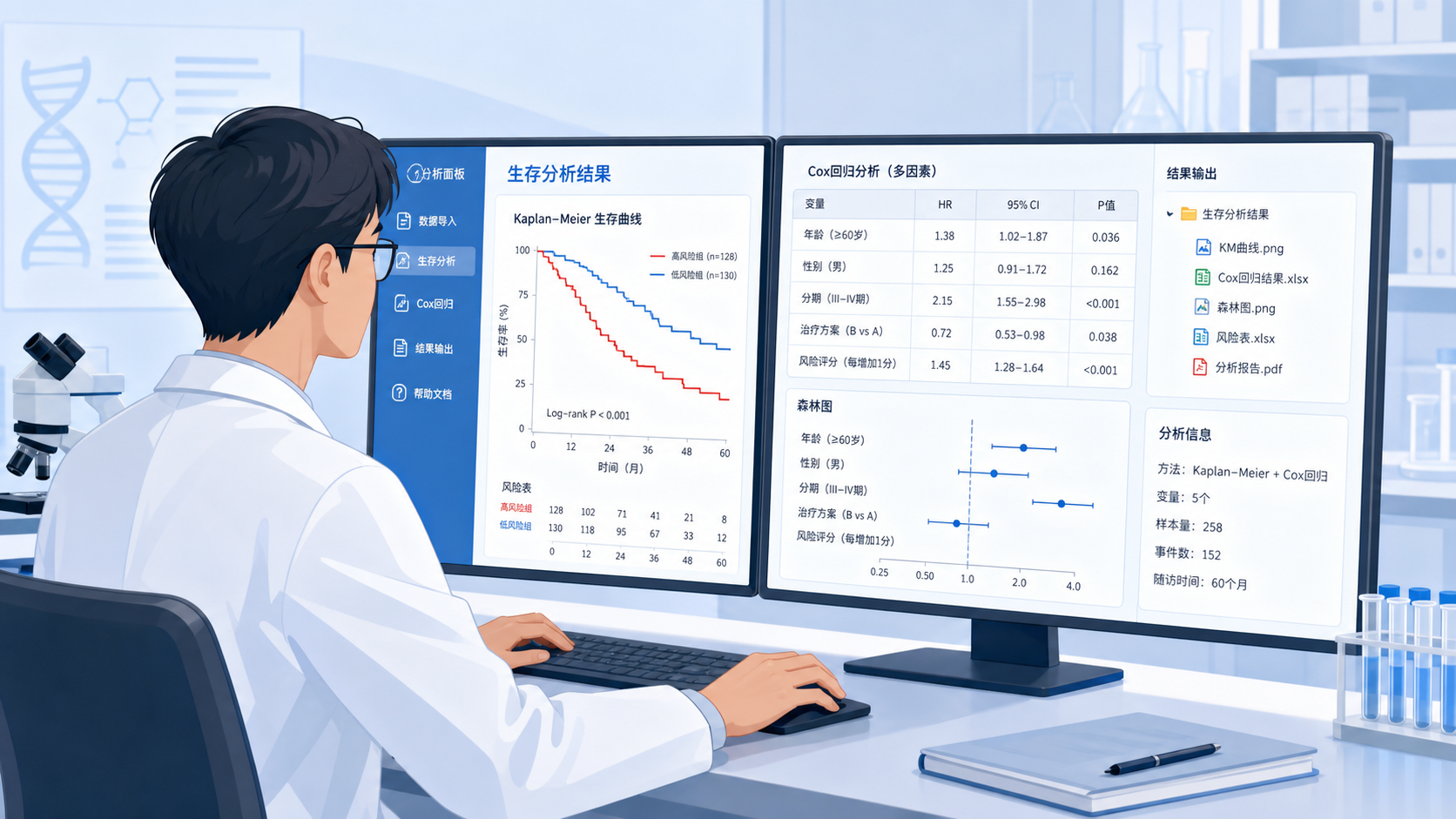 医学科研人员在电脑前使用可视化分析界面,屏幕展示KM生存曲线、Cox回归结果和数据文件夹结果输出界面。