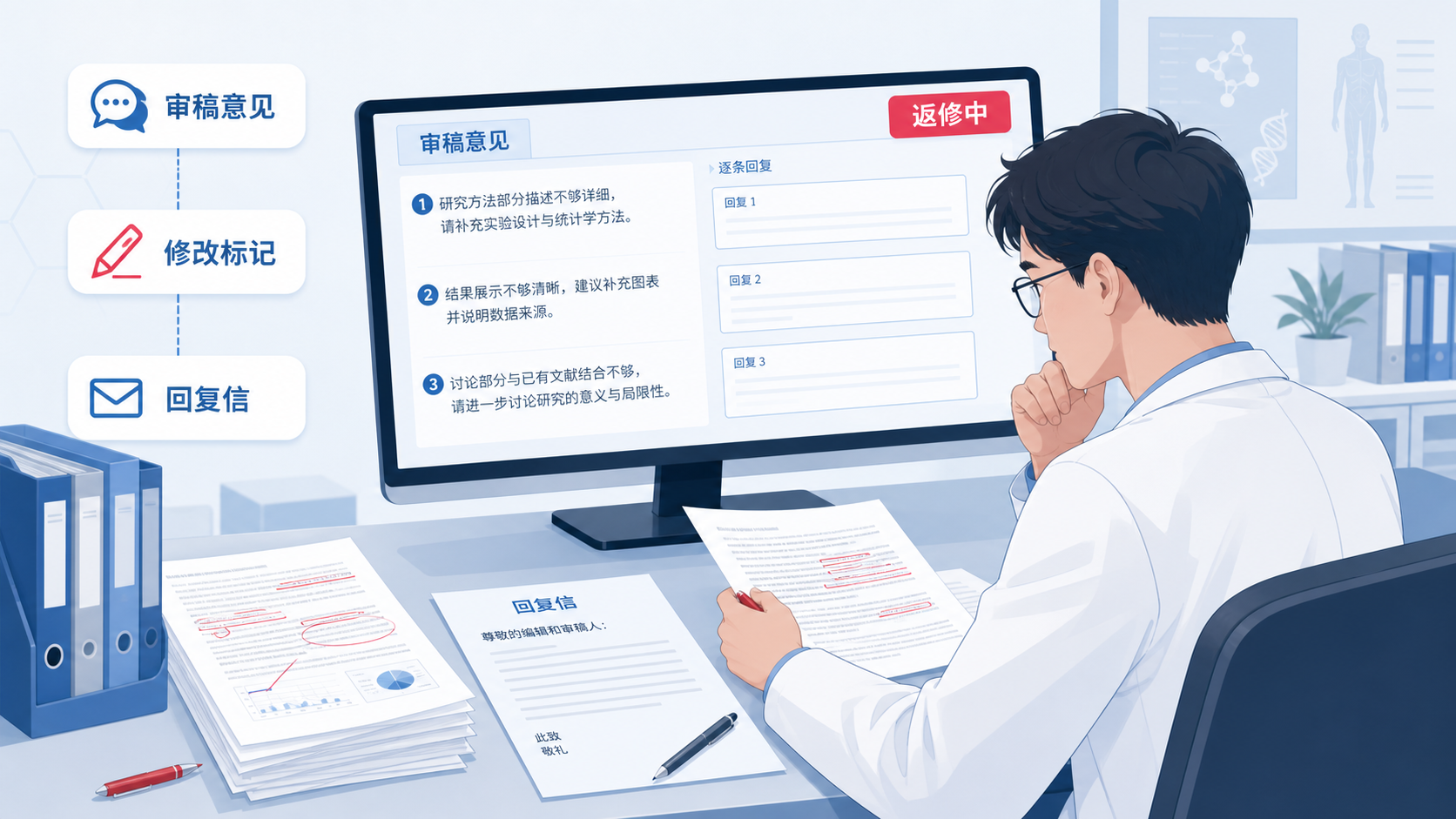 科研人员在电脑前逐条阅读审稿意见,旁边放着修改标记、论文打印稿和回复信模板,体现返修压力与流程感。