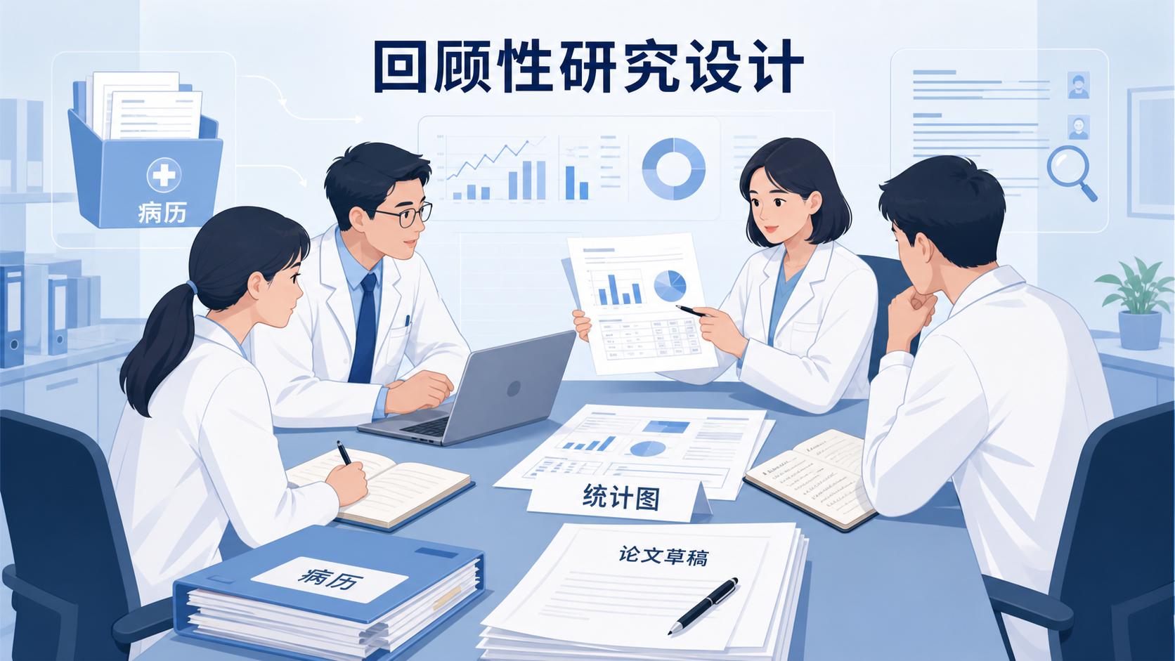 临床研究团队在办公室讨论研究方案，桌面上有病历、统计图和论文草稿，突出“回顾性研究设计”主题。
