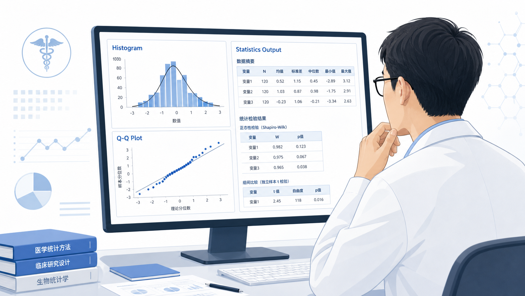 医学研究者在电脑前查看直方图、Q-Q图和统计软件输出结果的场景，画面简洁专业，突出数据分析与统计判断。
