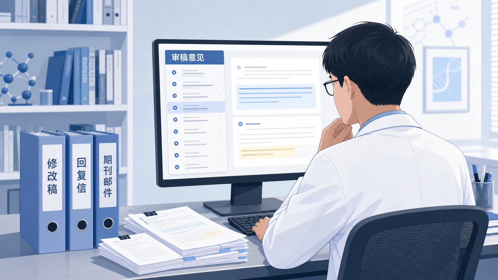 一位研究者在电脑前逐条阅读审稿意见,旁边标注修改稿、回复信和期刊邮件,突出返修压力与流程感。