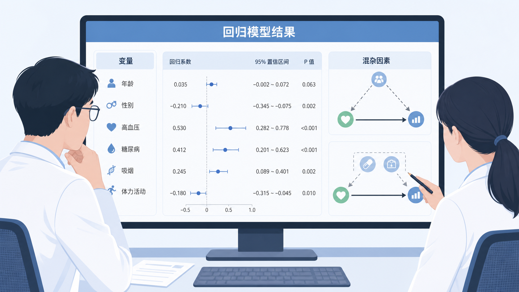 医学研究场景图,包含研究者查看回归模型结果、变量列表和混杂因素示意图,风格简洁专业