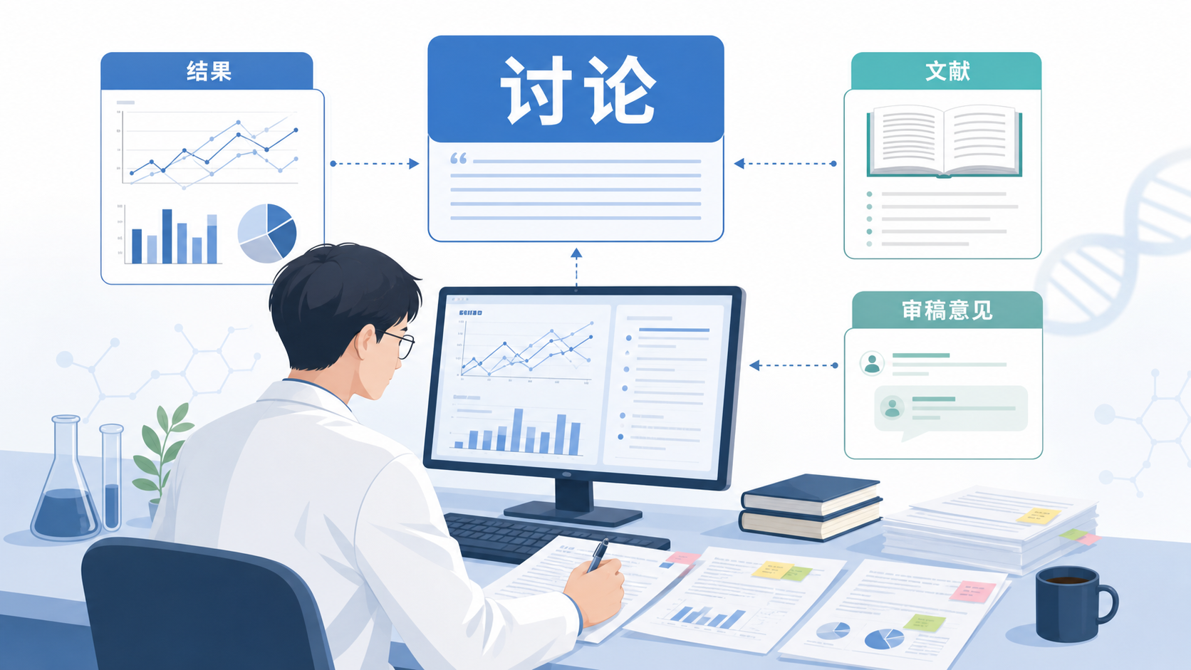 科研人员在电脑前对照结果图、文献和审稿意见,强调讨论写作的关键性