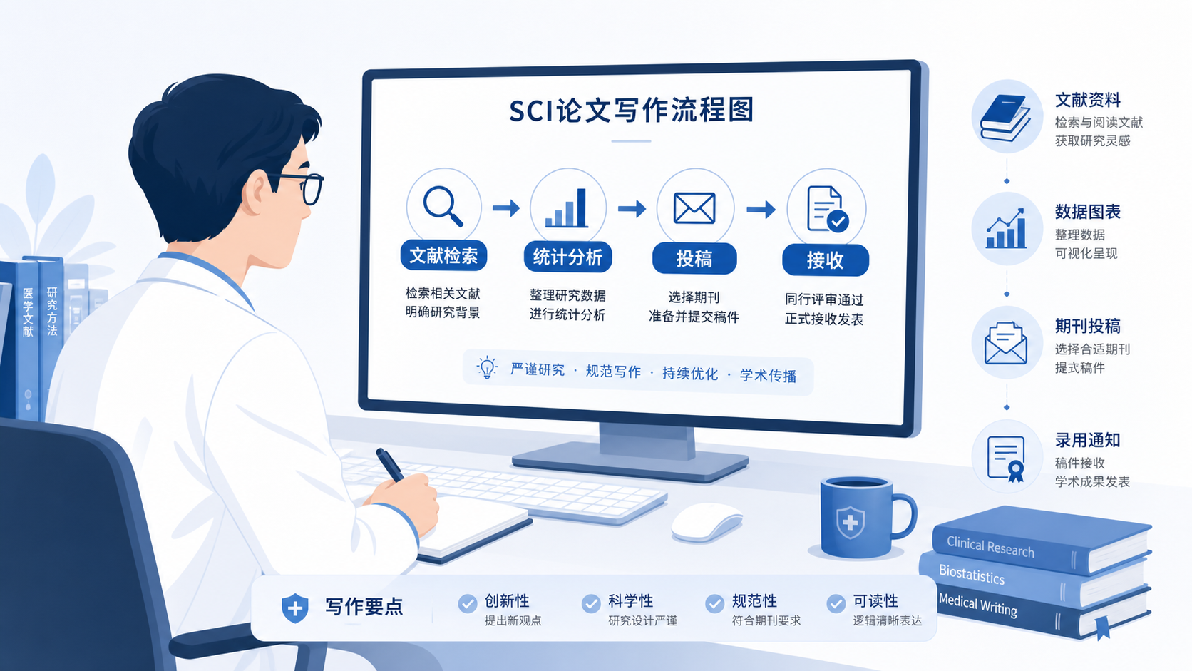 临床医生在电脑前梳理SCI论文流程图,旁边显示文献检索、统计分析、投稿接收等环节