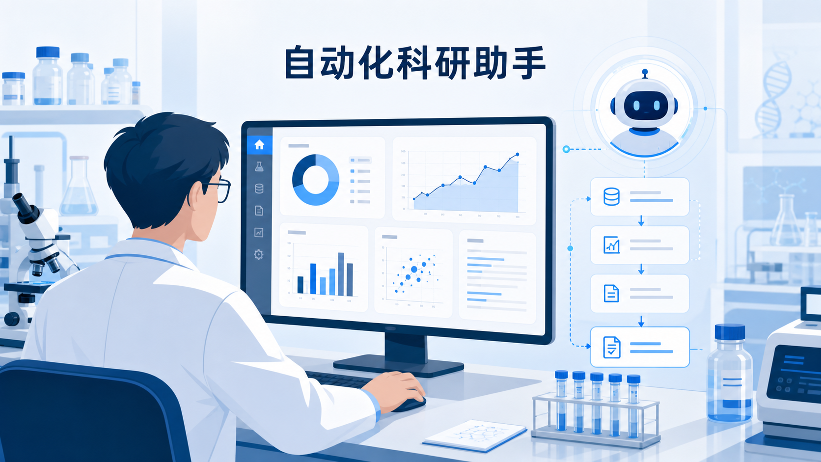 实验室场景中,研究者在电脑前通过AI机器人界面管理数据、分析结果,画面突出“自动化科研助手”概念