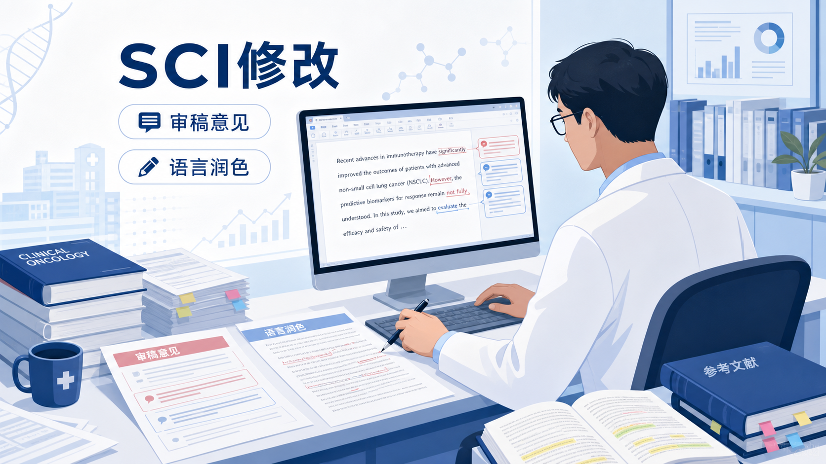 一位临床医生在电脑前修改SCI稿件,旁边有英文批注、审稿意见和文献资料,体现“语言润色+投稿压力”的场景。