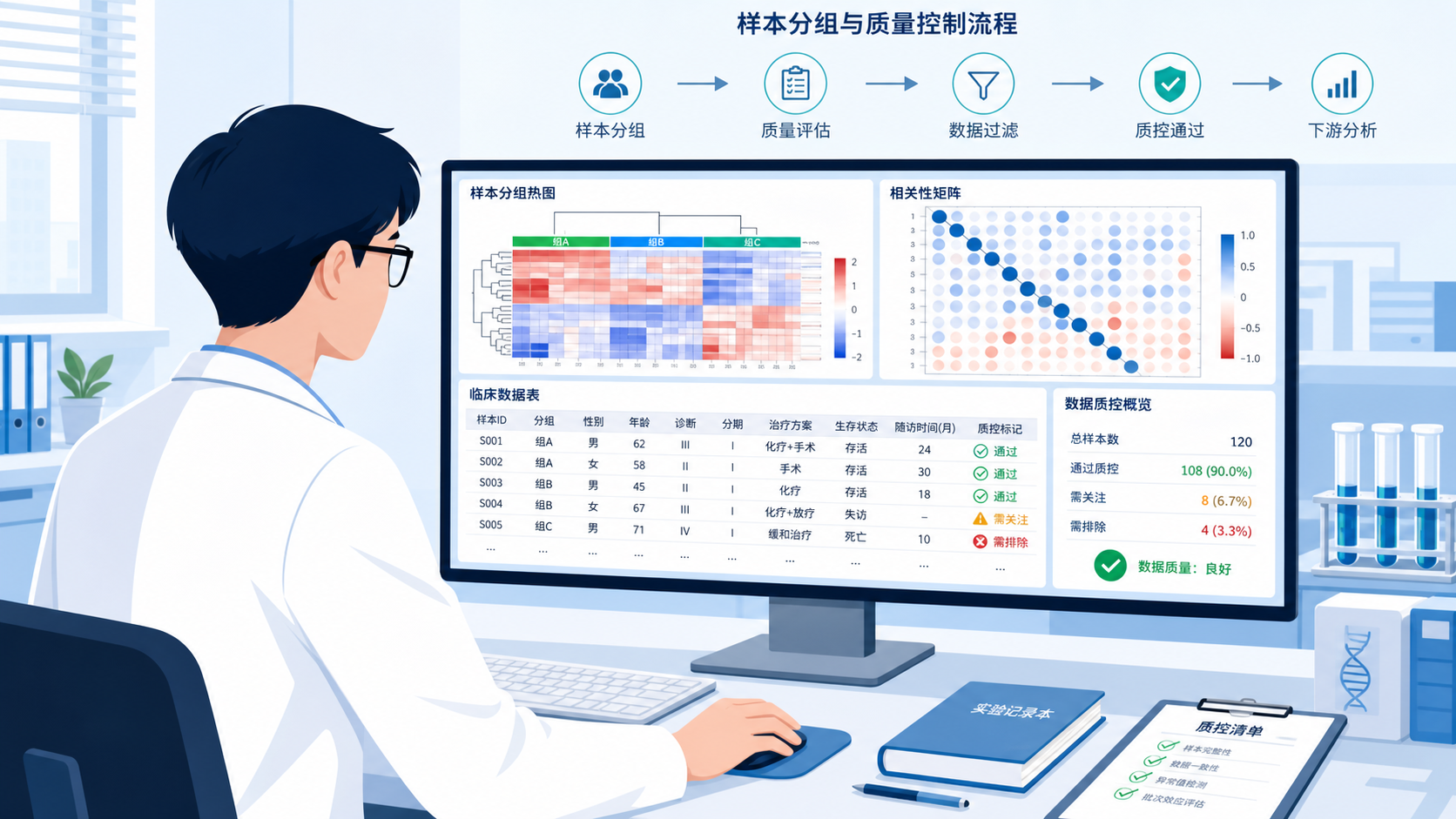 科研人员在电脑前查看样本分组热图、相关性矩阵和临床数据表,突出数据质量控制场景