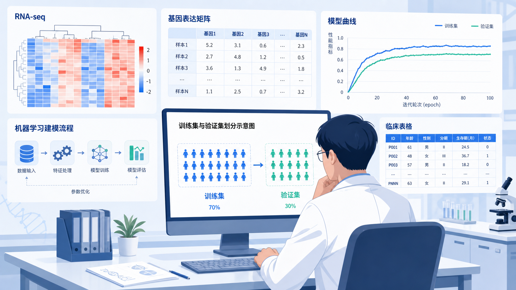 科研人员在电脑前查看训练集和验证集划分示意图，背景包含RNA-seq数据、模型曲线和临床表格