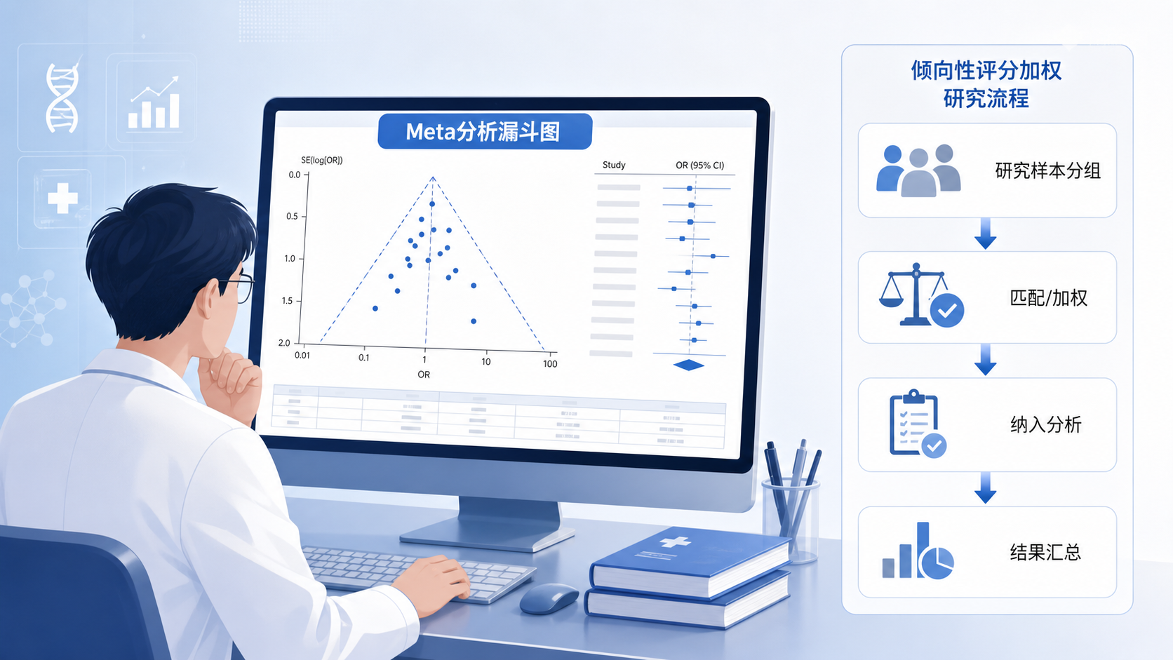 医学生或科研人员在电脑前查看Meta分析漏斗图,旁边展示倾向性评分加权后的研究流程示意图,整体风格专业简洁。