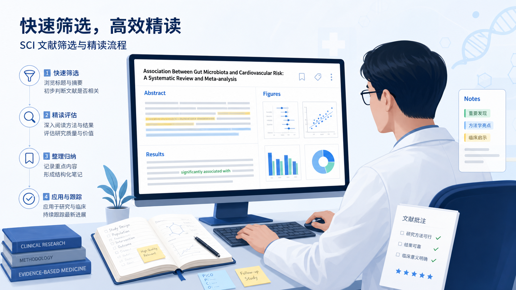 临床医生在电脑前筛选SCI文献，旁边有摘要、结果、图表与笔记本，突出“快速筛选与精读流程”。