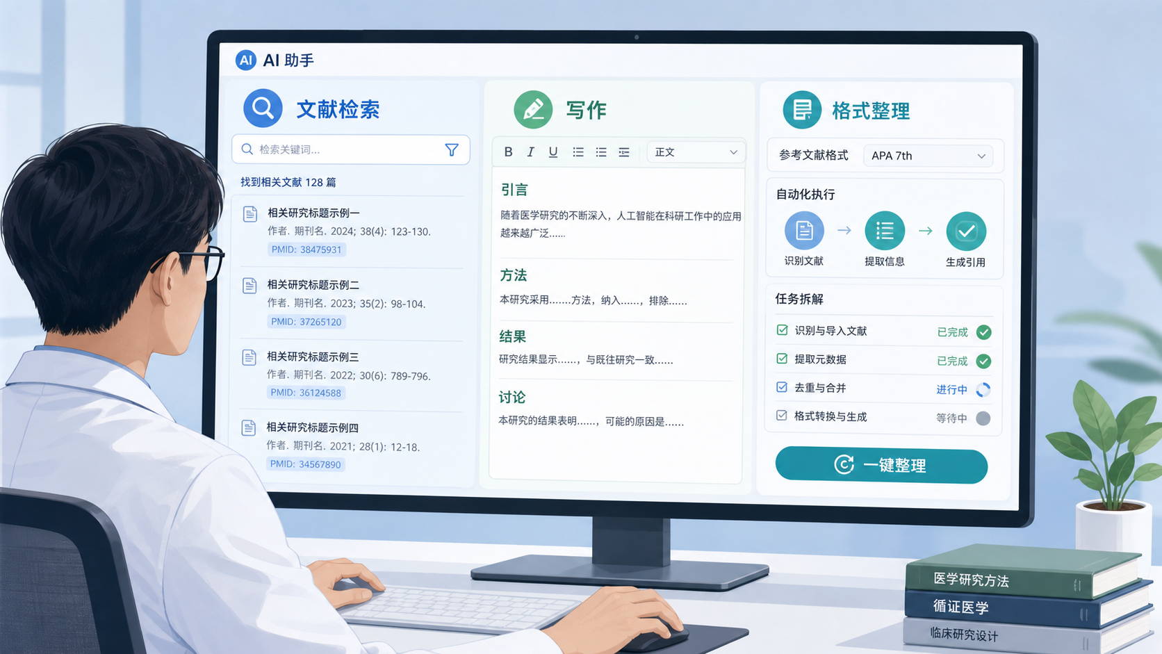 一位科研人员在电脑前使用AI助手完成文献检索、写作和格式整理的场景，界面包含任务拆解和自动化执行流程