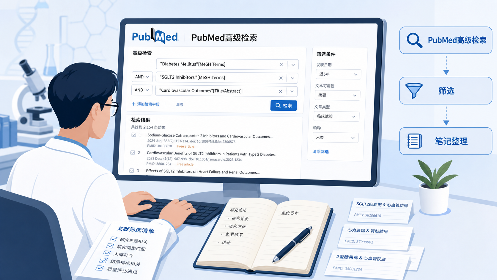 一位研究人员在电脑前使用PubMed高级检索界面,旁边有文献筛选和笔记本,画面突出“检索-筛选-阅读”的科研场景