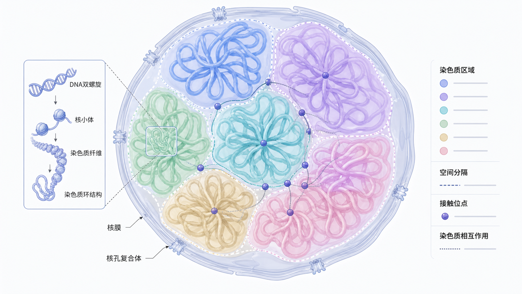 细胞核内DNA折叠成多个三维环状结构,突出不同染色质区域的空间分隔与接触关系