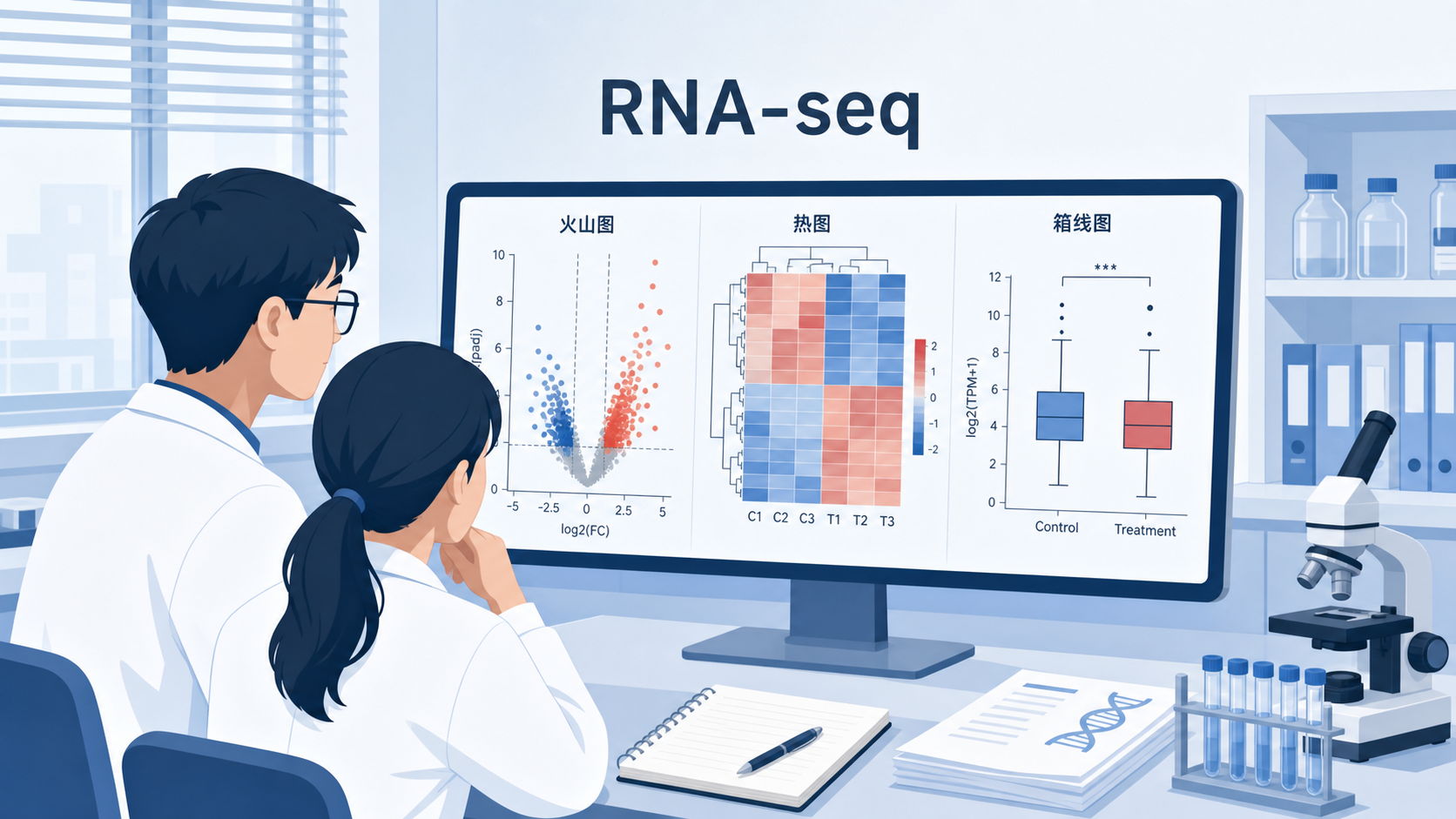 科研人员在电脑前查看RNA-seq差异分析结果，屏幕上同时显示火山图、热图和箱线图，背景为实验室环境