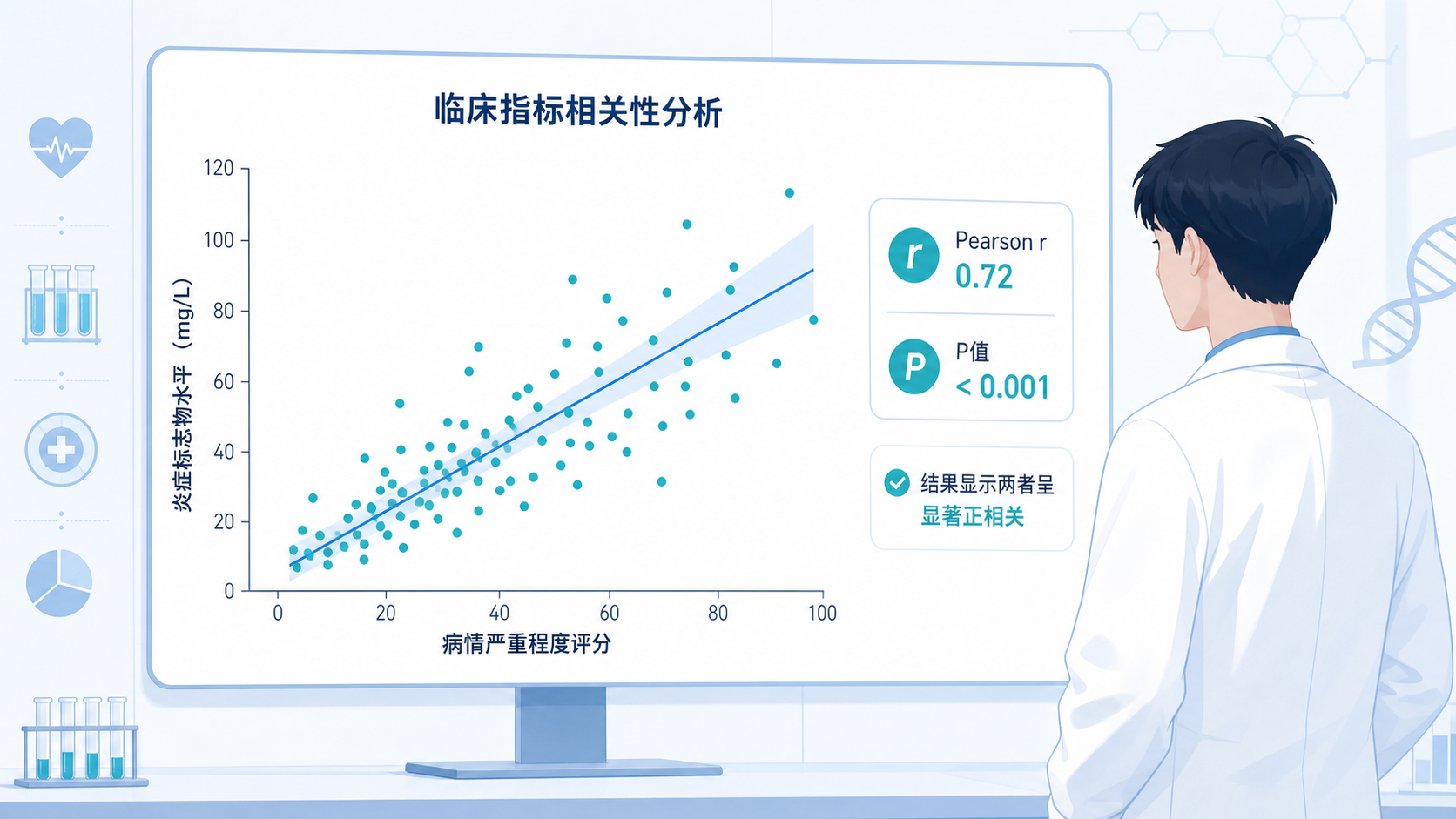 医学生在查看带拟合线和置信区间的临床指标散点图，旁边标注Pearson相关系数和P值