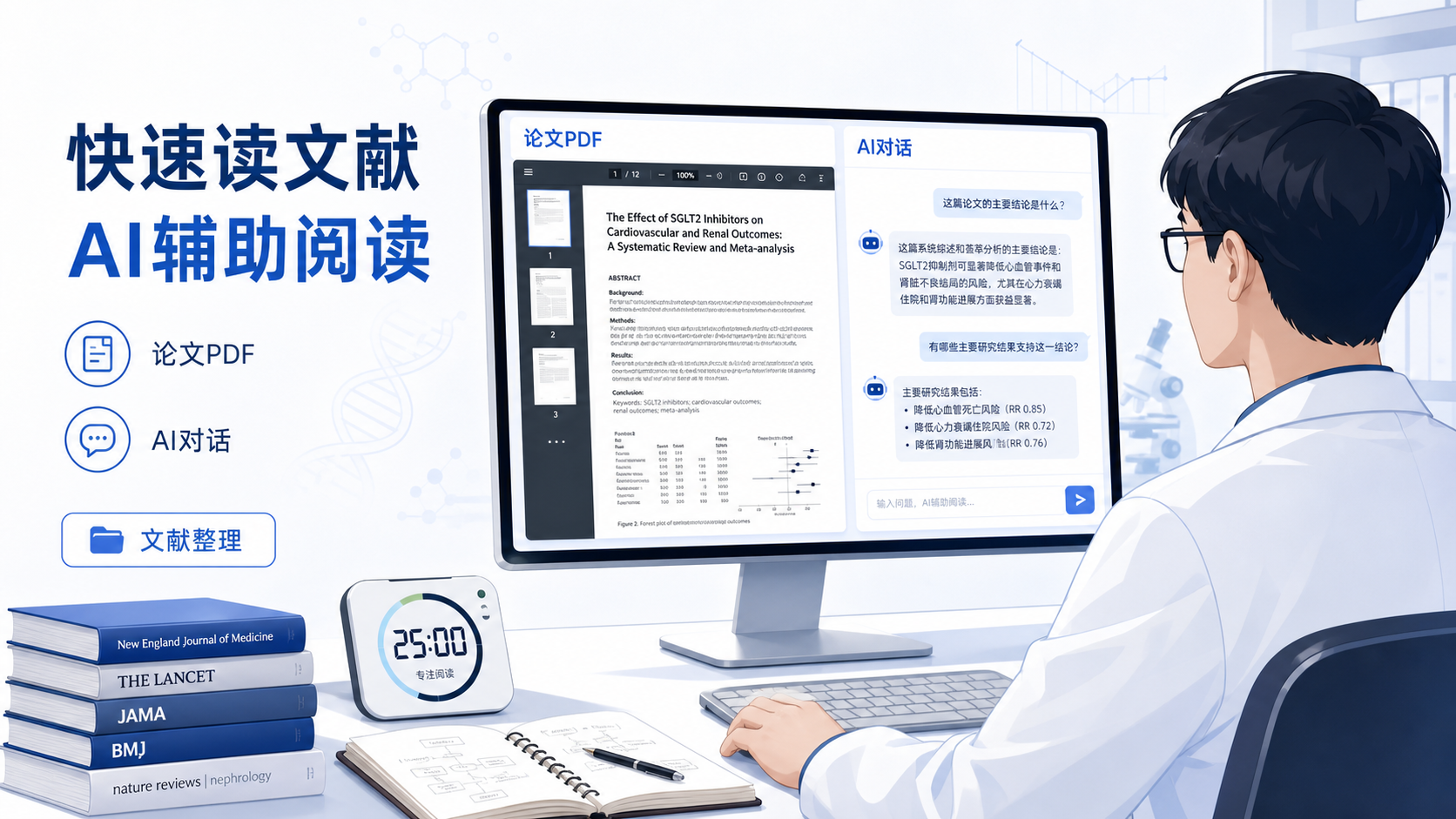 一位科研人员在电脑前同时打开论文PDF和AI对话界面，旁边有文献堆与计时器，体现“快速读文献”的场景