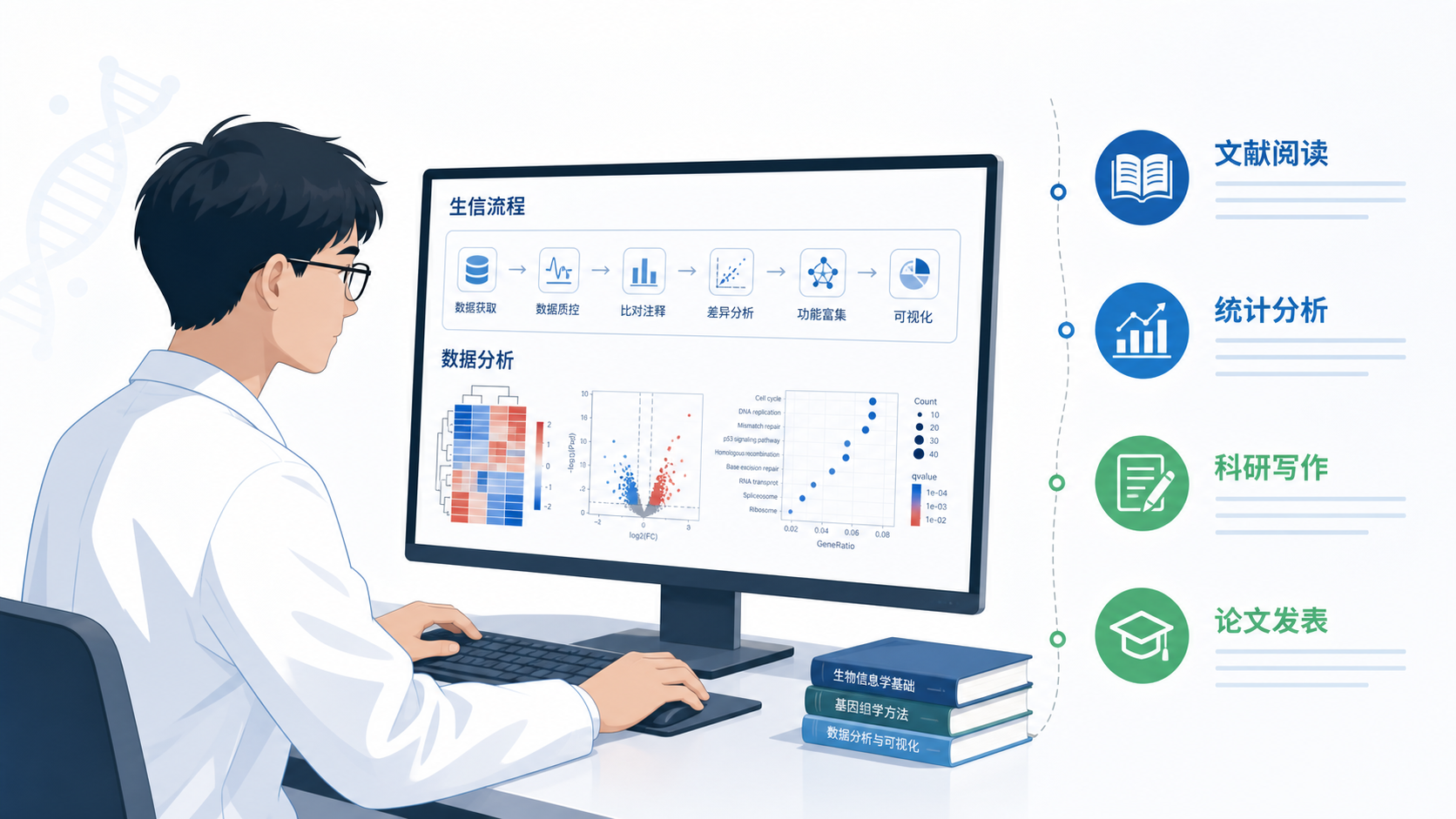 一位医学生或年轻医生在电脑前学习生信流程,旁边有数据分析、文献阅读和科研发文的简洁示意图。