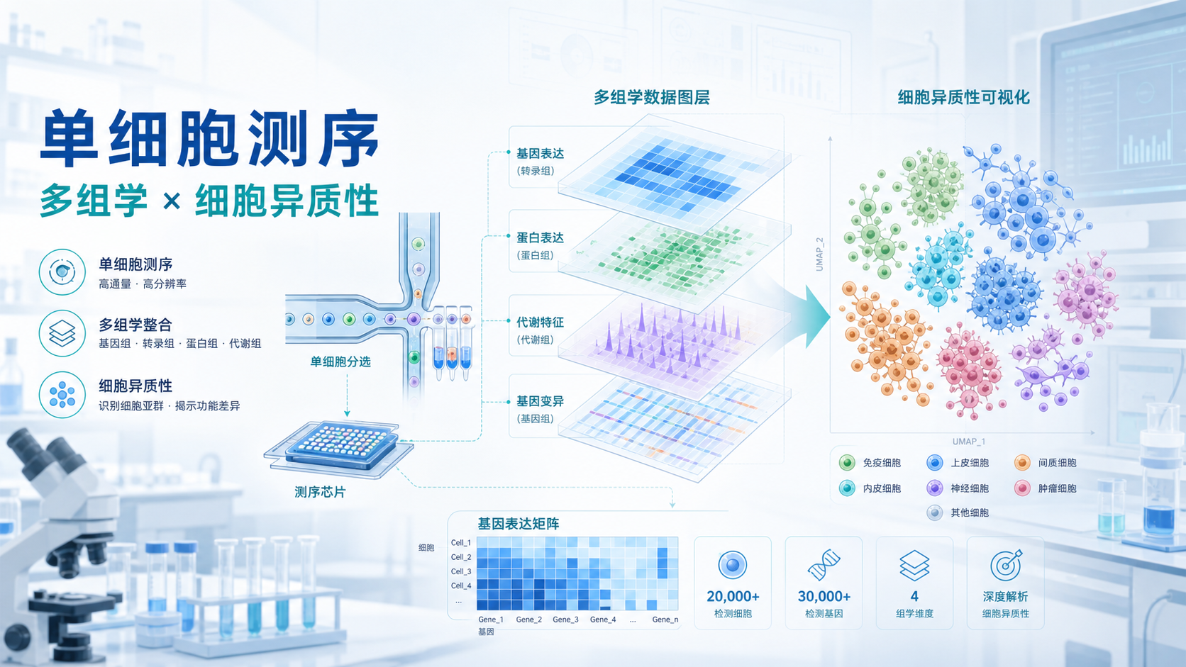 单细胞测序平台、多组学图层叠加、细胞群体异质性示意图,背景为科研实验室场景