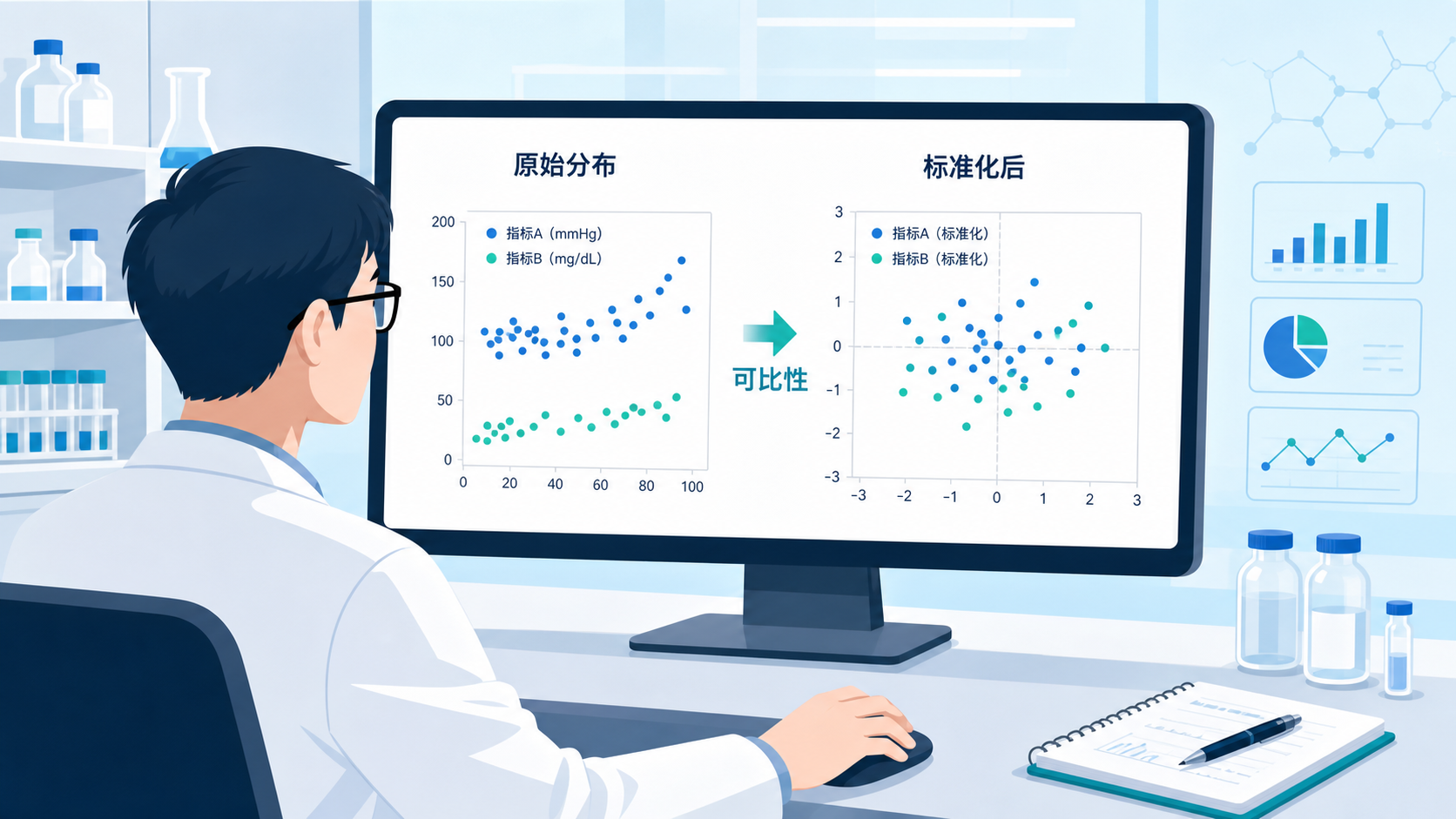 医学科研人员在电脑前处理数据，屏幕展示原始分布和标准化后的散点图，突出“不同量纲数据可比性”