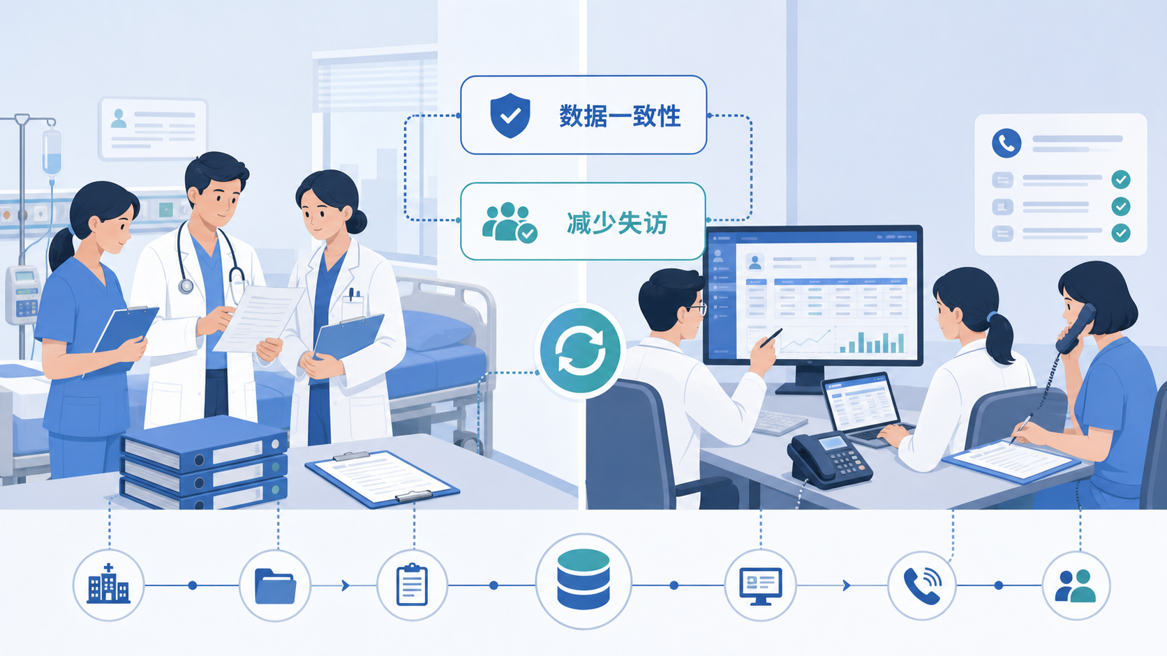 医生团队在病房和随访办公室中核对病例表、电子数据和电话随访记录，突出“数据一致性”和“减少失访”的场景。