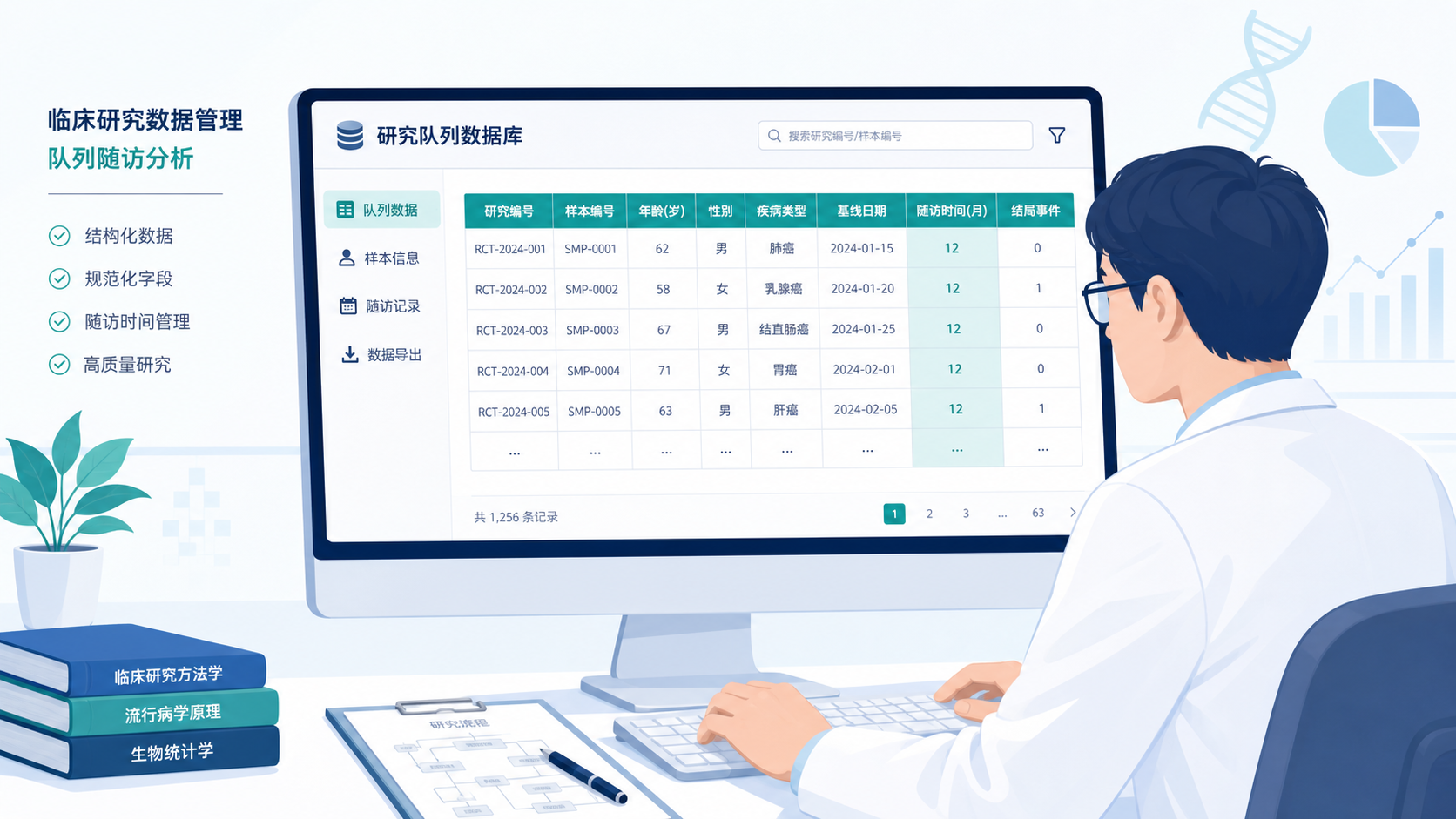 医学研究者在电脑前整理队列表格数据,屏幕展示二维数据库、字段名和随访时间列。