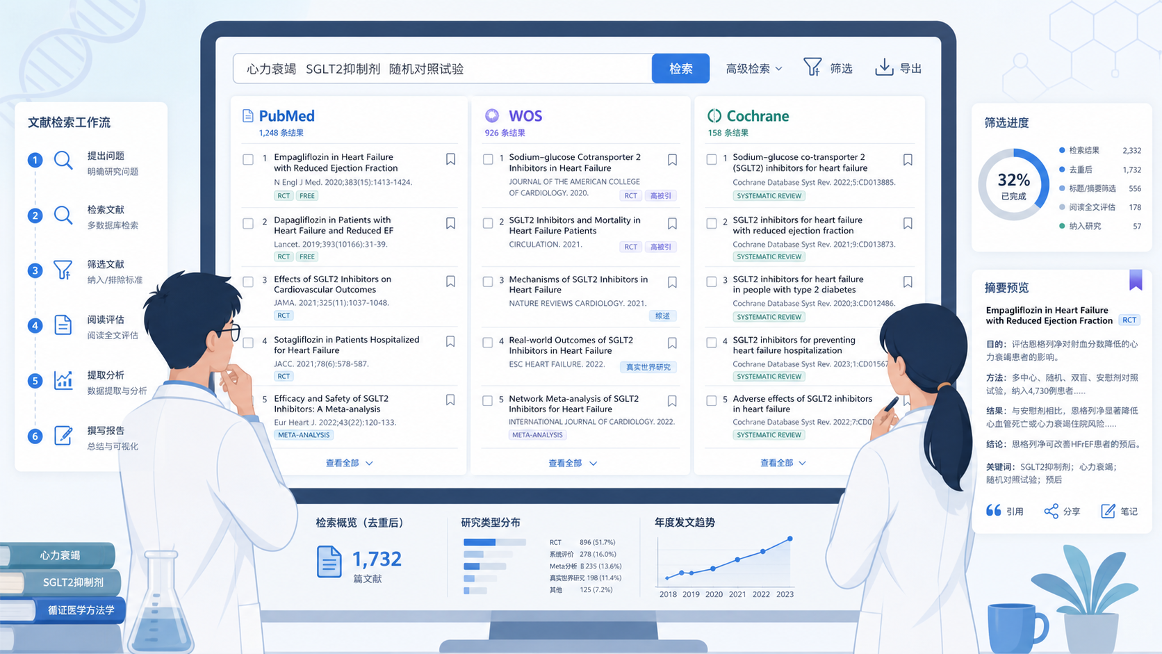医学生和科研人员面对大量文献检索结果，屏幕上同时显示PubMed、WOS和Cochrane检索列表，突出“筛不完、提不快”的工作场景。