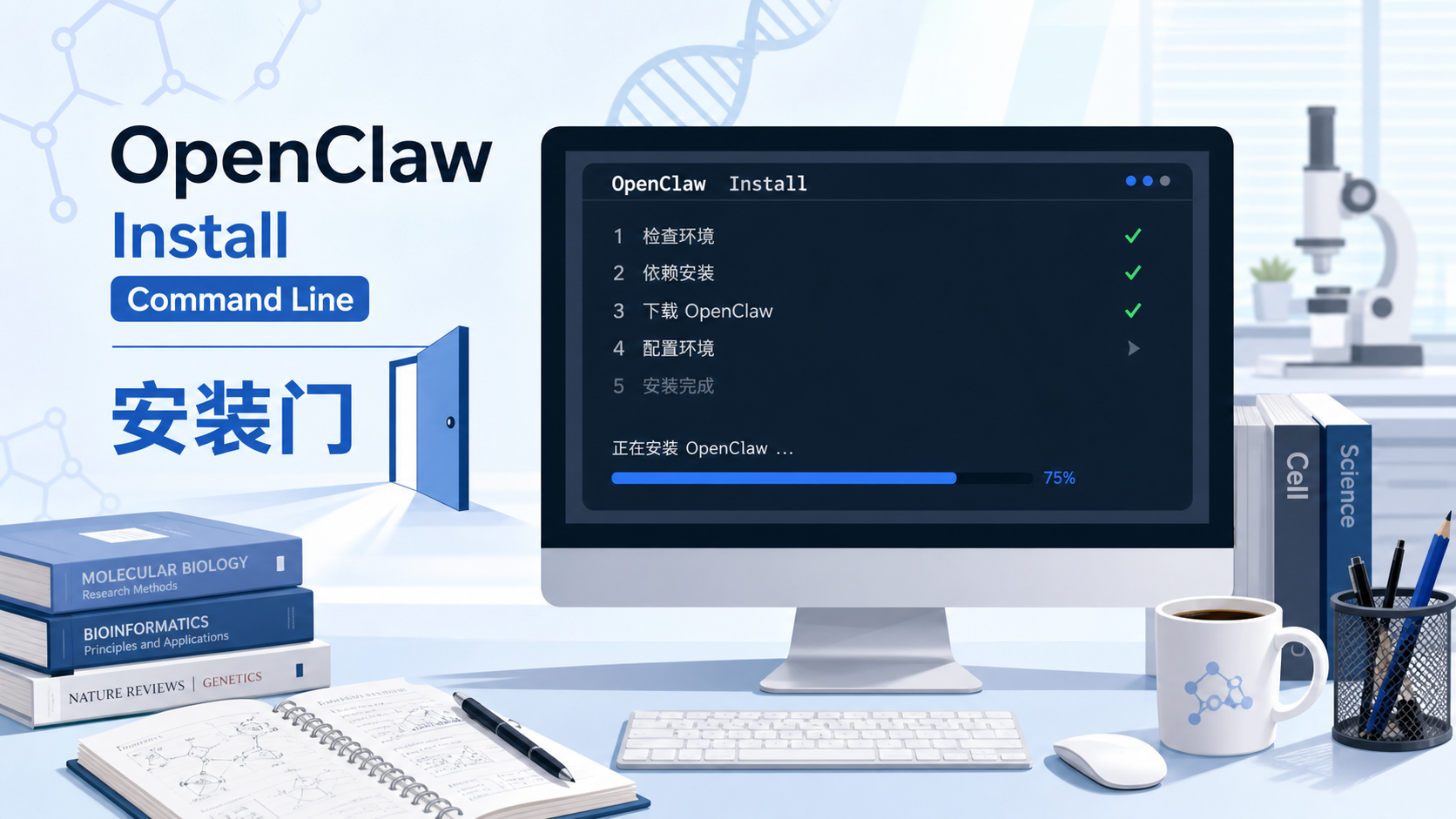 一台电脑屏幕显示 OpenClaw 命令行安装界面，旁边放着科研笔记本、文献和咖啡，突出“安装门槛高”的场景
