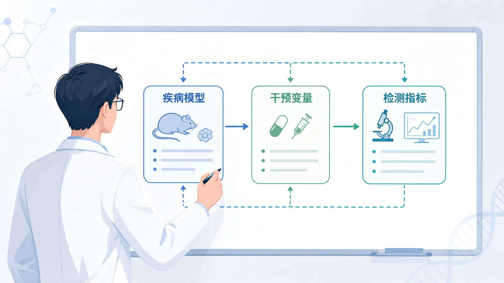 科研人员在实验设计白板前梳理“疾病模型、干预变量、检测指标”关系图，画面简洁专业。