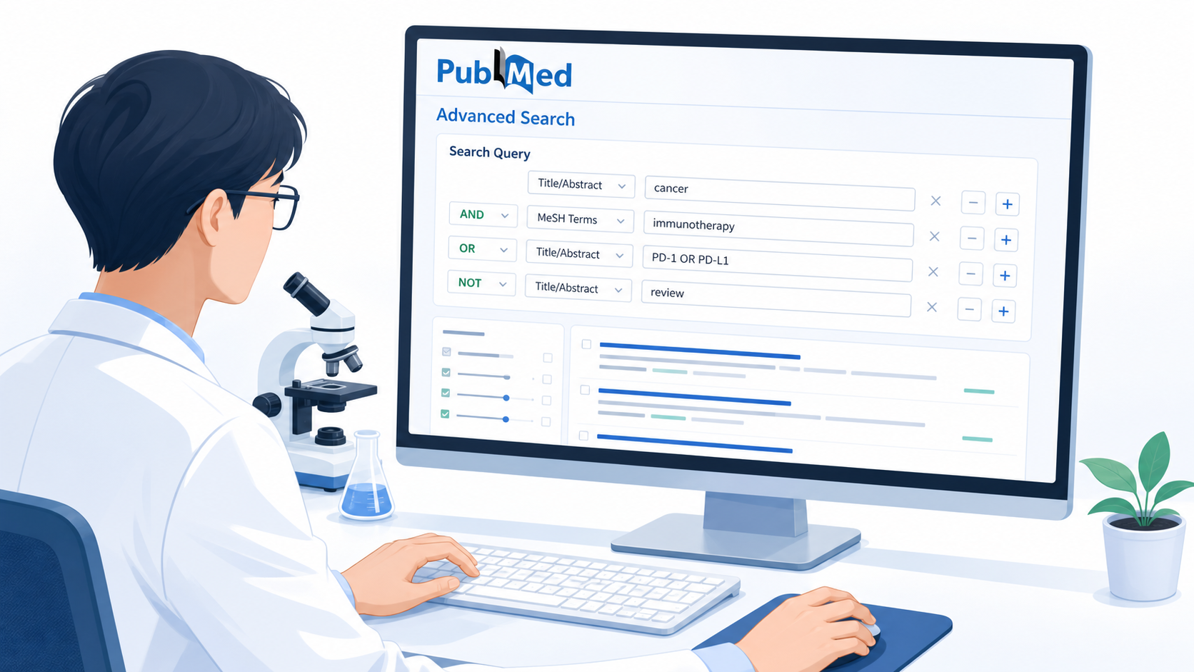 医学科研人员在电脑前使用PubMed进行文献检索,屏幕展示高级检索界面与检索式组合