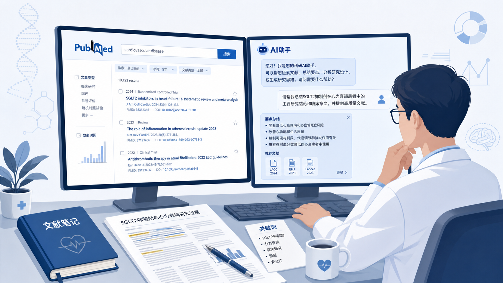 科研人员在电脑前同时查看PubMed检索界面与AI对话窗口，桌面上有文献笔记和关键词列表，突出高效检索场景