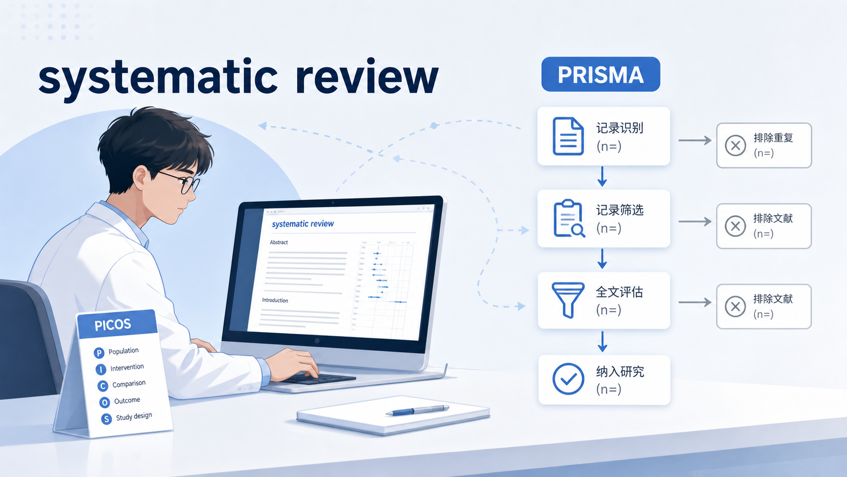 医学生在电脑前阅读系统综述,旁边有PICOS框架卡片和PRISMA流程图示意,画面专业简洁