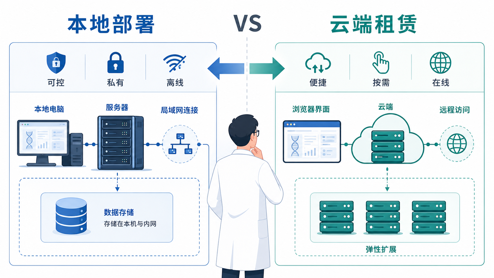 科研人员在本地电脑、服务器和云端界面之间对比部署方案的示意图,突出“本地部署 vs 云端租赁”