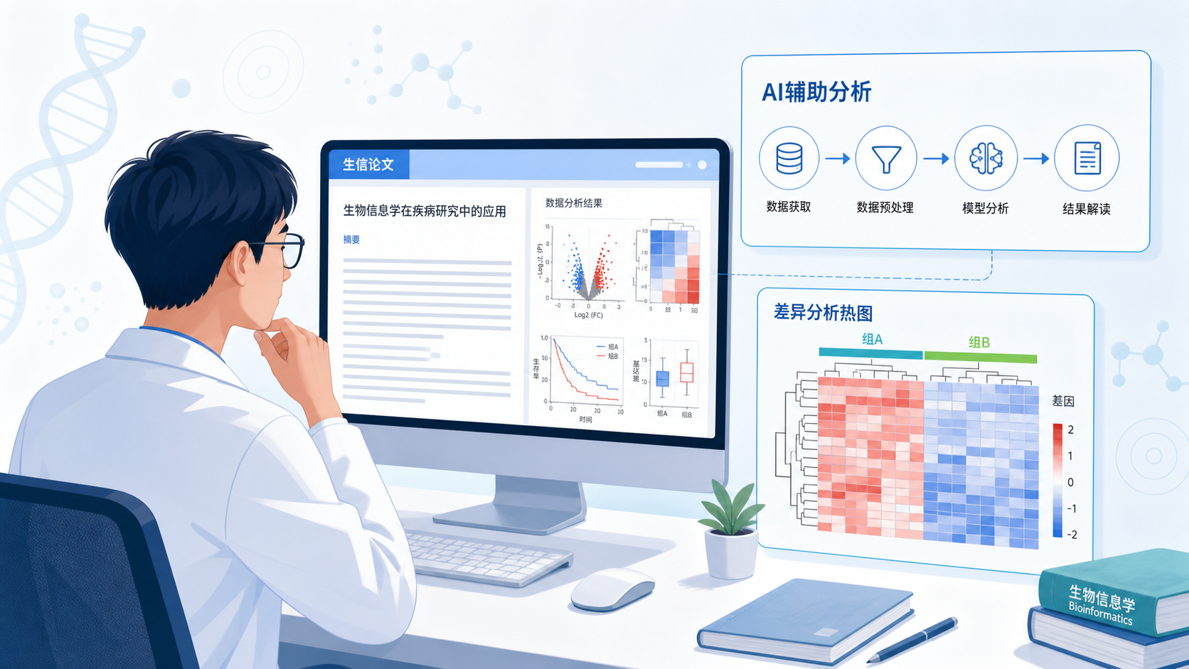 医学生在电脑前阅读生信论文，旁边显示AI辅助分析流程图和差异分析热图。