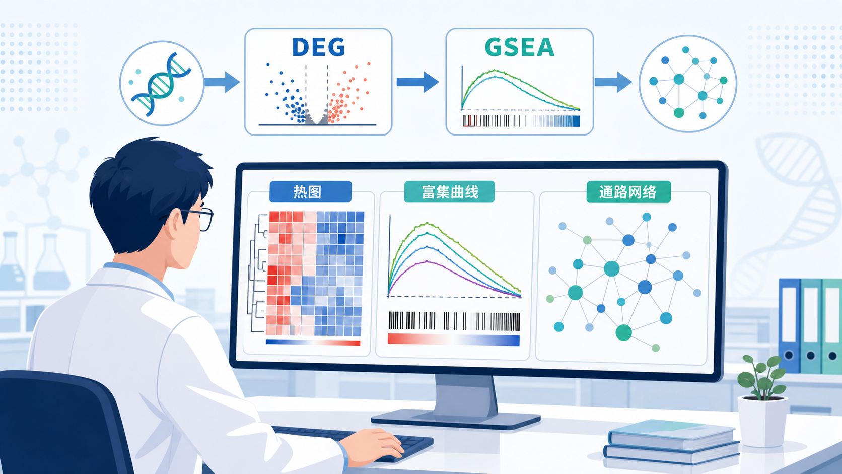 科研人员在电脑前查看基因表达热图、富集曲线和通路网络示意图,突出“从DEG到GSEA”的分析流程。