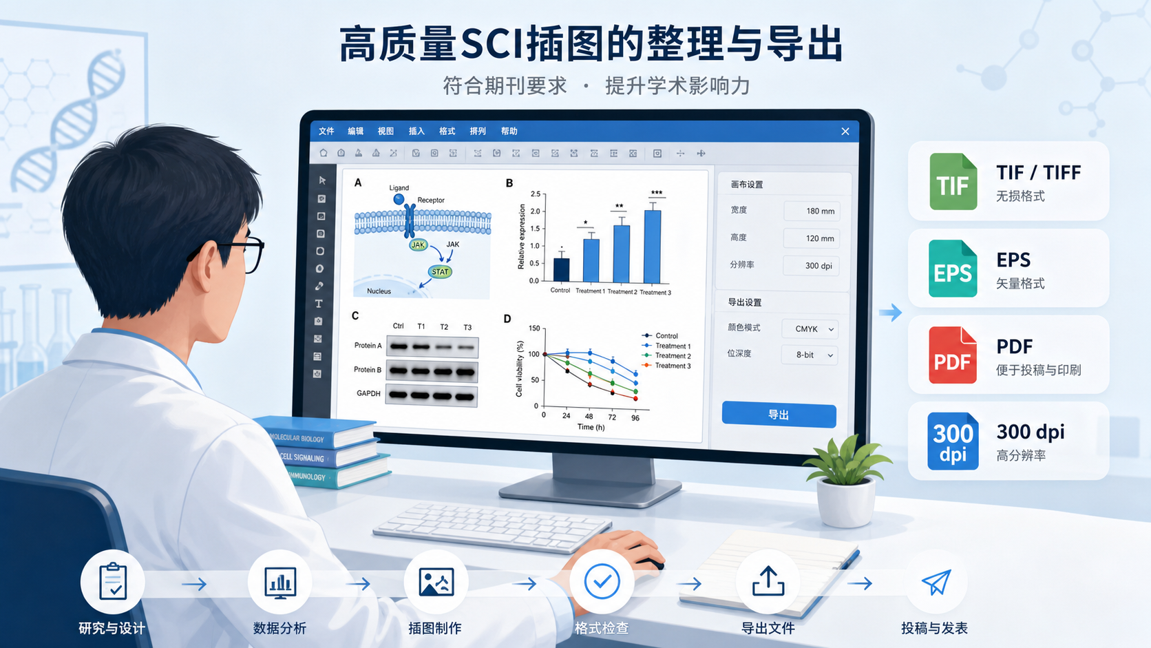 科研人员在电脑前整理SCI插图,旁边展示TIFF、EPS、PDF等文件格式图标,以及300dpi、RGB、CMYK等标注。