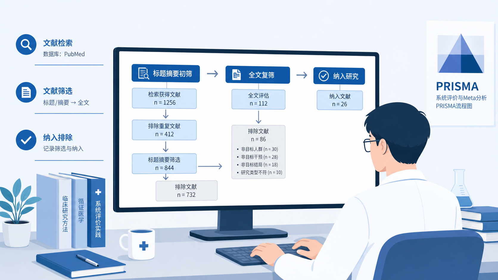 科研人员在电脑前进行系统综述文献筛选，屏幕上显示标题摘要初筛和全文复筛流程图，旁边有PRISMA风格流程示意。