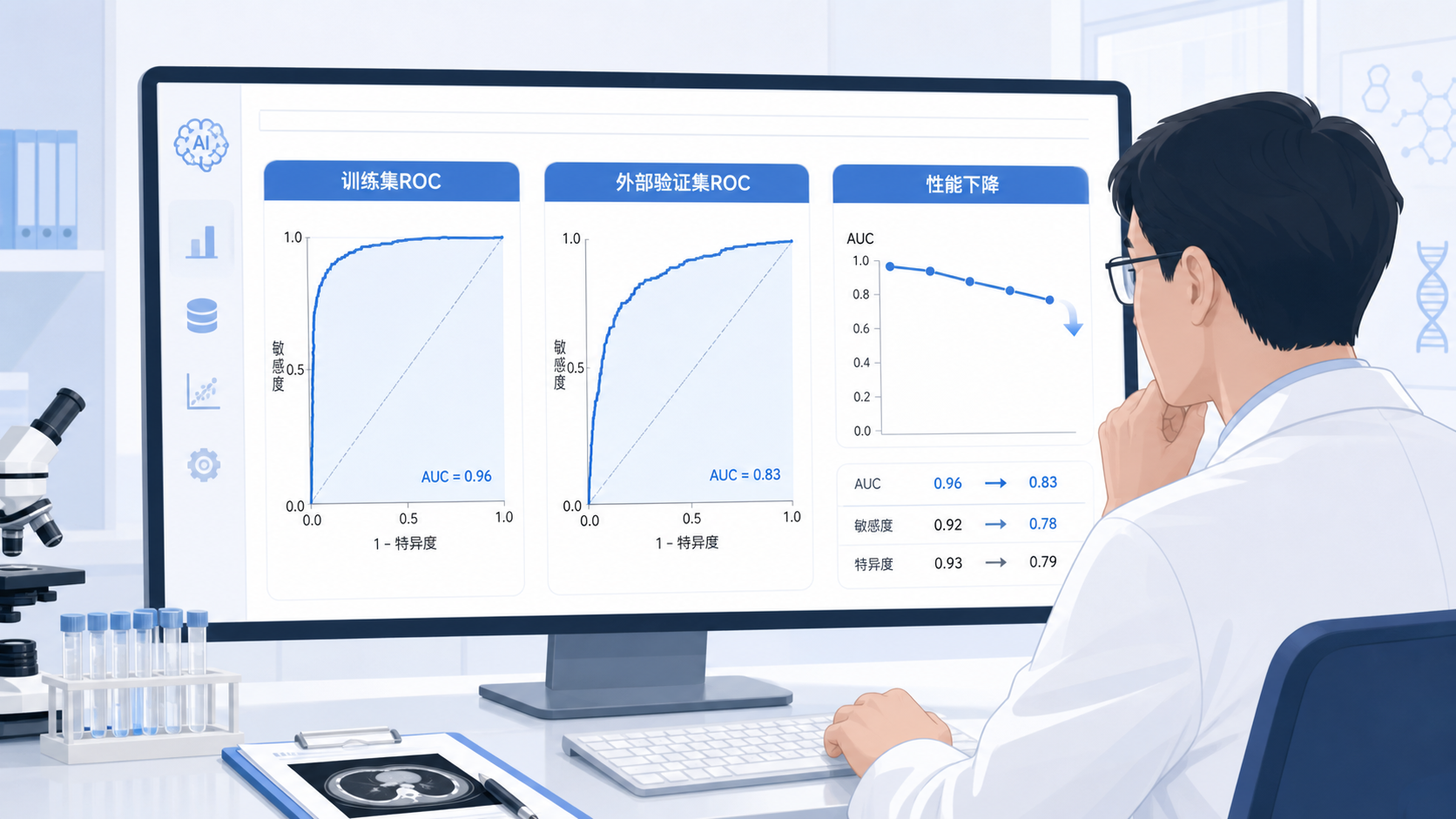 医师在电脑前查看训练集与外部验证集的ROC曲线对比,旁边展示模型性能下降的示意图