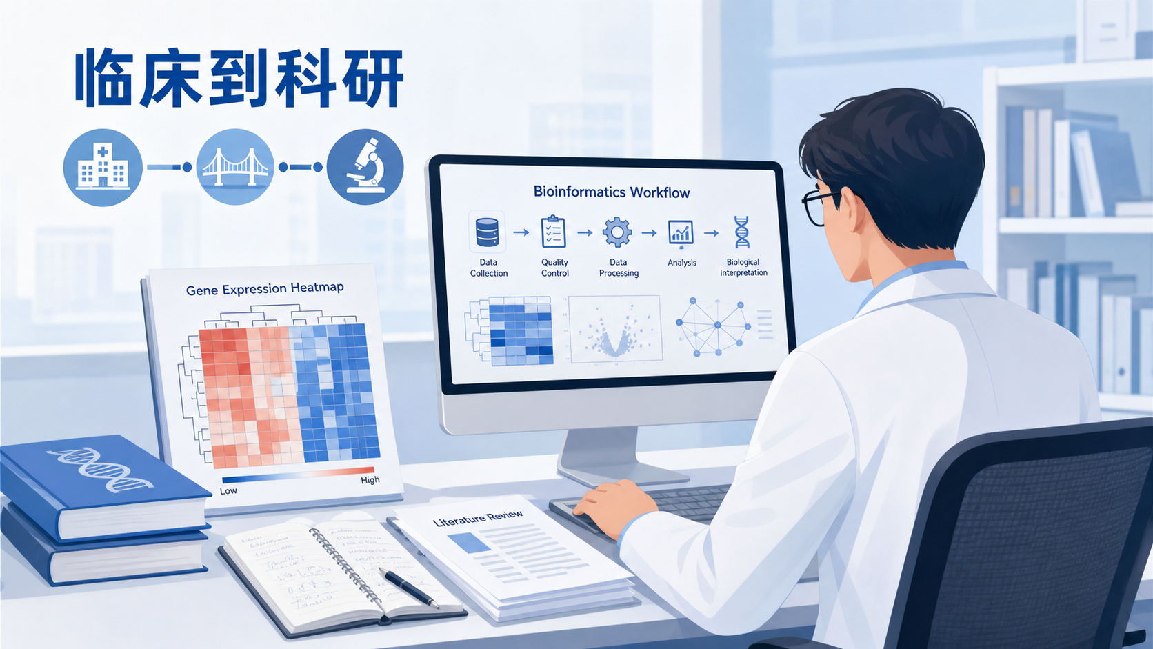 一位医生在电脑前阅读生信分析流程图,旁边有基因表达热图、文献和笔记本,强调“临床到科研”的桥接场景