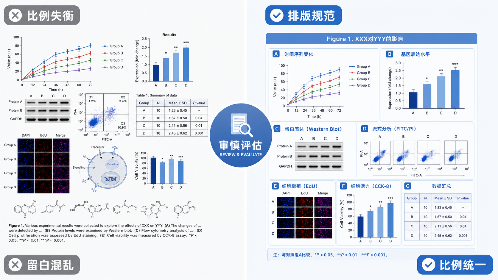 一张SCI论文图表对比示意图,左侧为比例失衡、留白混乱的图,右侧为排版规范、比例统一的图,突出审稿人关注点。