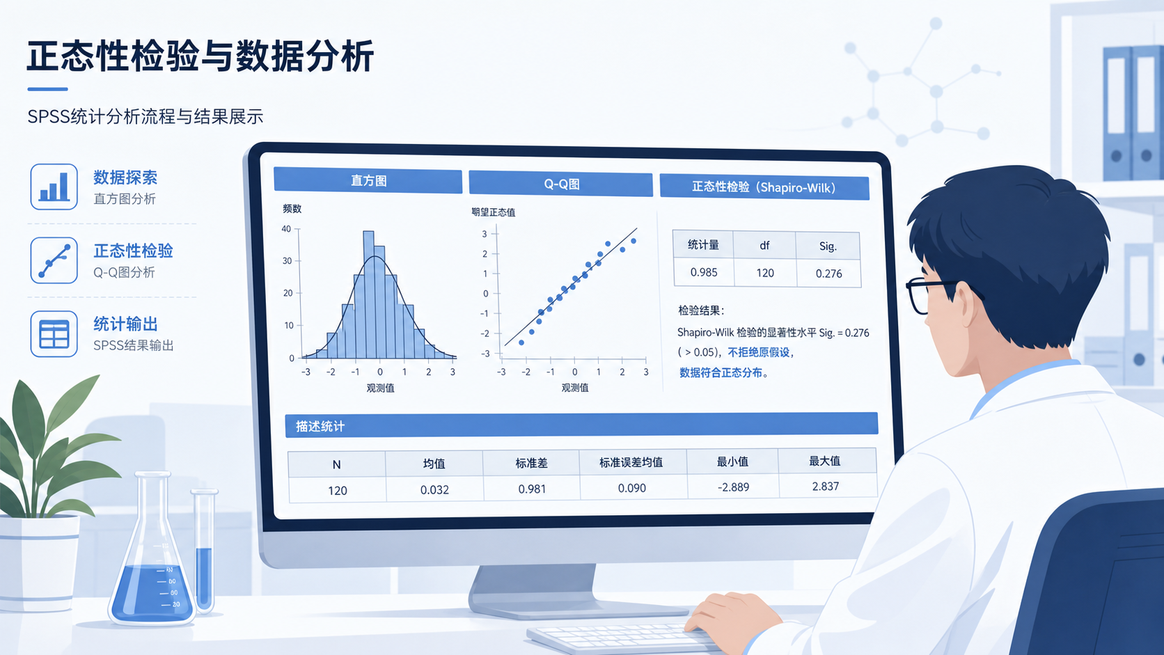 科研人员在电脑前查看直方图、Q-Q图和SPSS输出结果的场景,突出正态性检验与数据分析