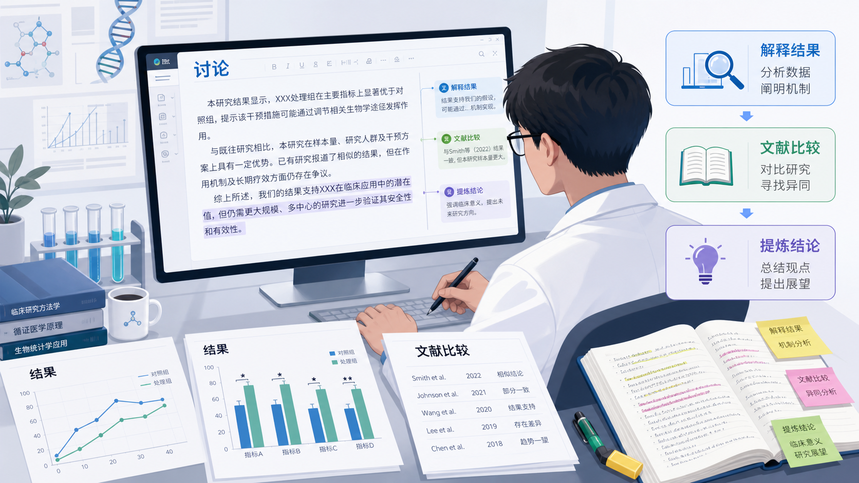 科研人员在电脑前修改论文讨论部分，旁边有结果图表、文献和标注笔记，突出“解释结果、比较文献、提炼意义”的场景