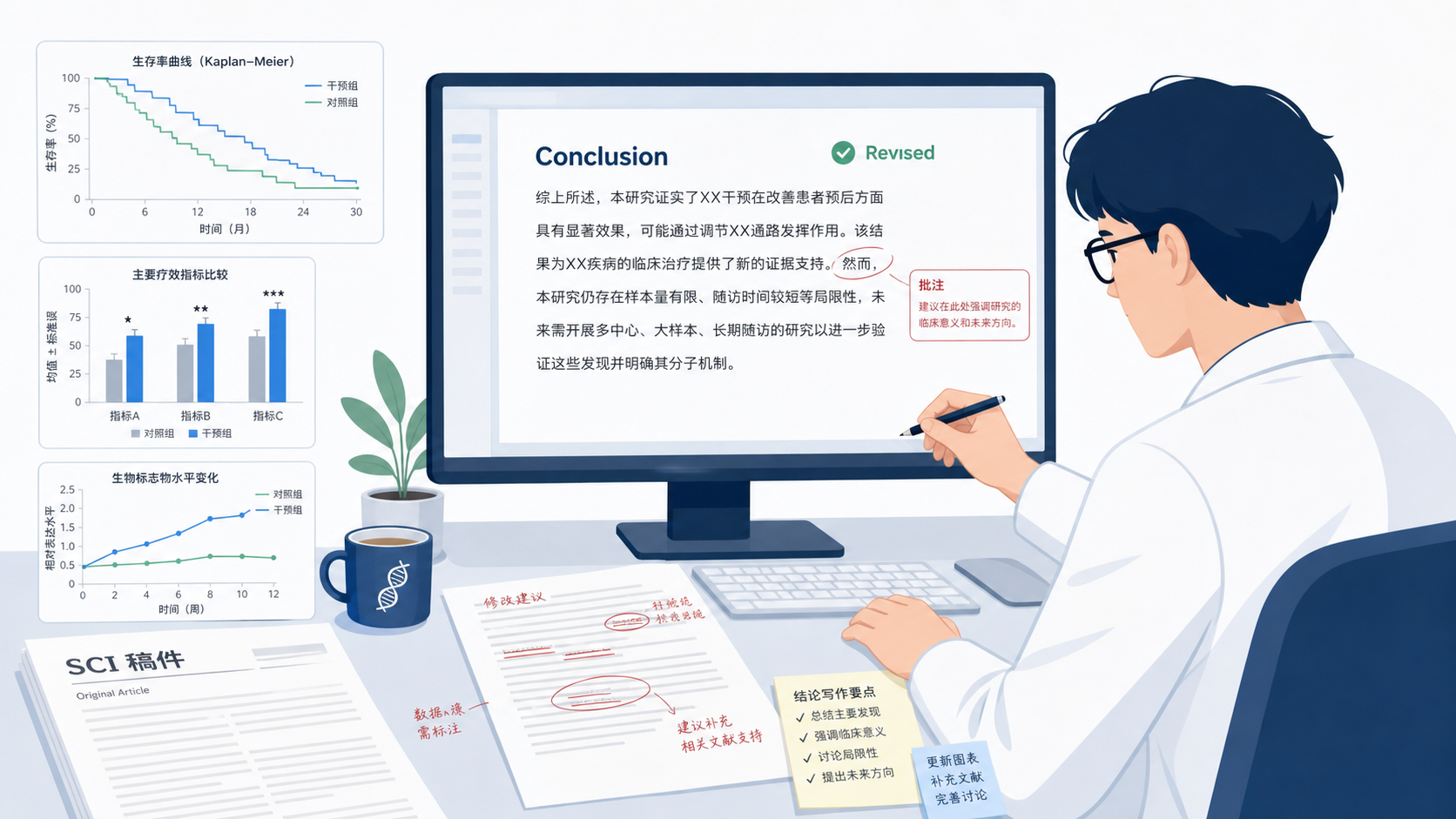 科研人员在电脑前修改论文结论段,旁边有结果图表、批注和SCI稿件页面,突出“结论写作”的修订场景