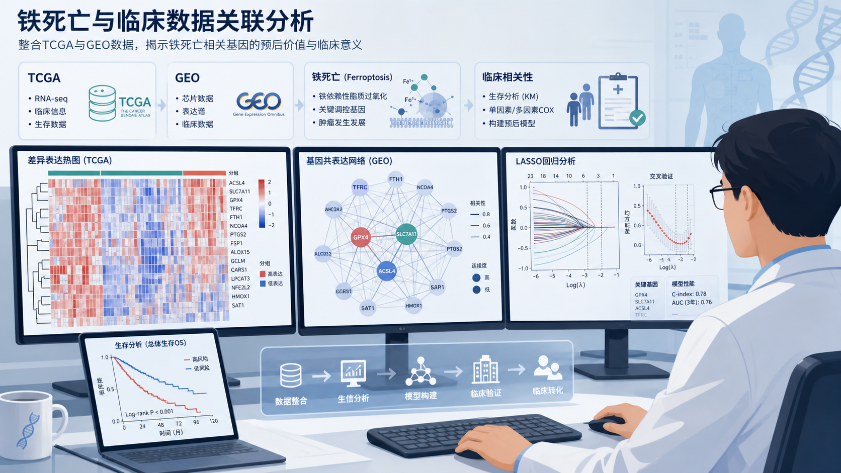 科研人员在电脑前分析TCGA和GEO数据，屏幕显示热图、网络图和LASSO曲线，突出铁死亡与临床模型构建场景