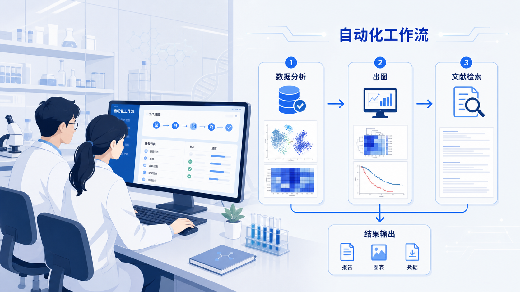 实验室科研人员在电脑前操作自动化工作流，旁边展示数据分析、出图和文献检索的流程图