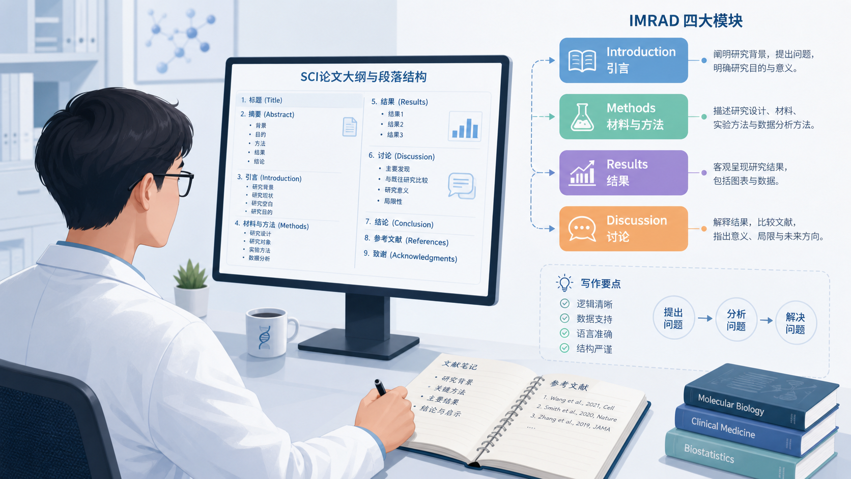 科研人员在电脑前梳理SCI论文结构，旁边有IMRAD四模块示意图和文献笔记本。