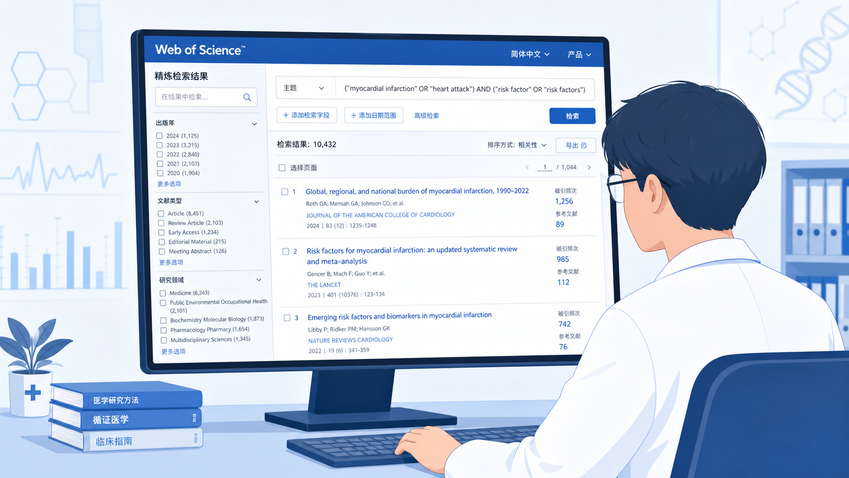 科研人员在电脑前使用Web of Science进行文献检索，屏幕展示检索框、筛选条件和文献结果列表